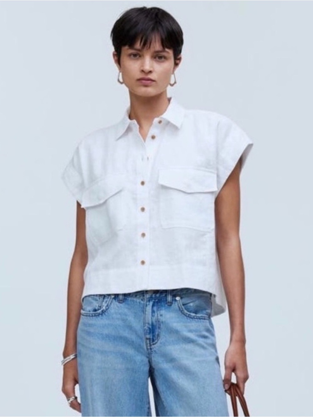 Madewell Linen White Button up Collared Blouse Top✨NWT Sz Small